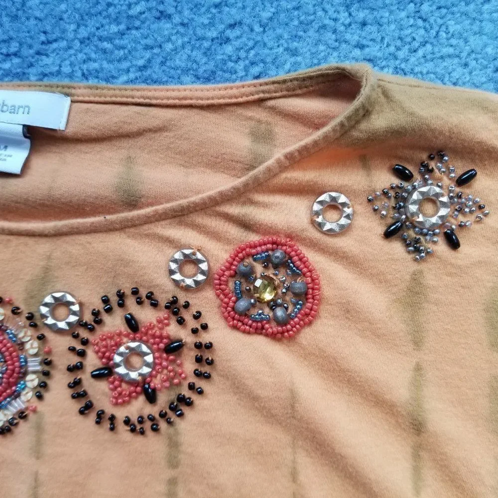 Dressbarn Indie Tangerine Tie-Die Tee Short Sleeves with Beaded Embellishments